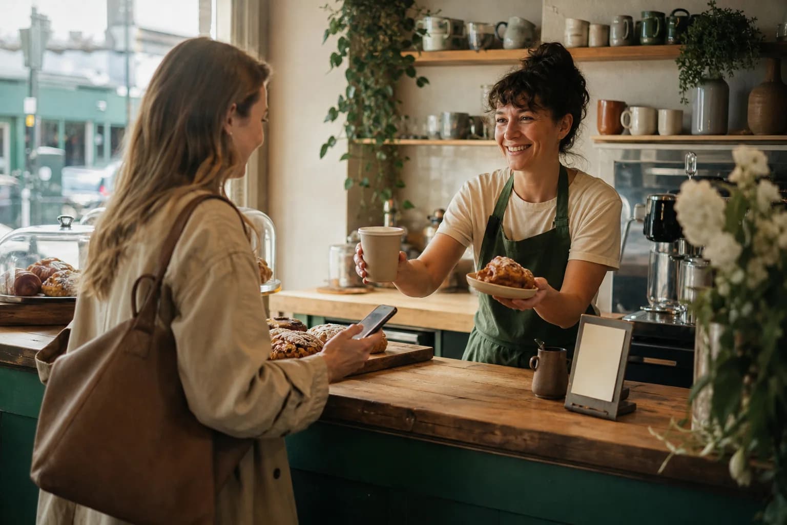 A bakery owner welcoming a returning customer as they collect a Coco Card reward