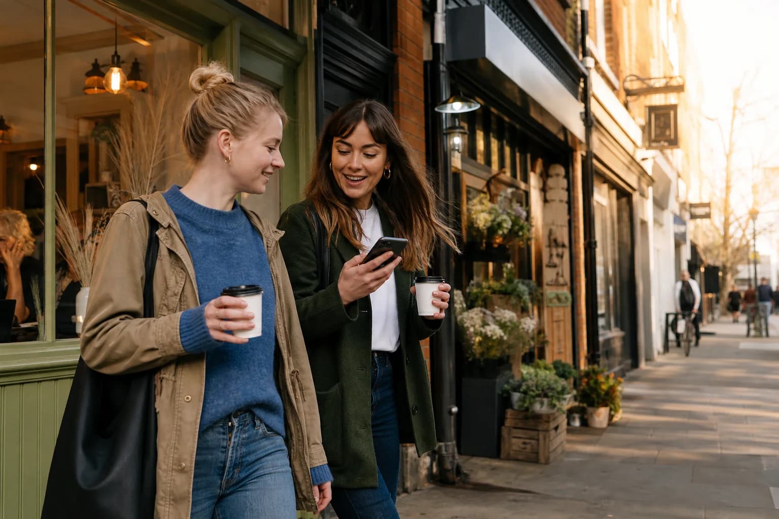 Friends sharing a local reward while exploring an independent high street